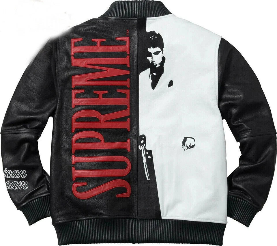 Mens Scarface Supreme Al Pacinoo Fashion Bomber Real Biker Leather Jacket