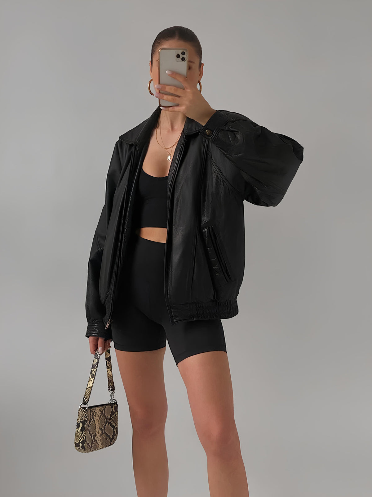 Ladies Classic black Leather Bomber jacket