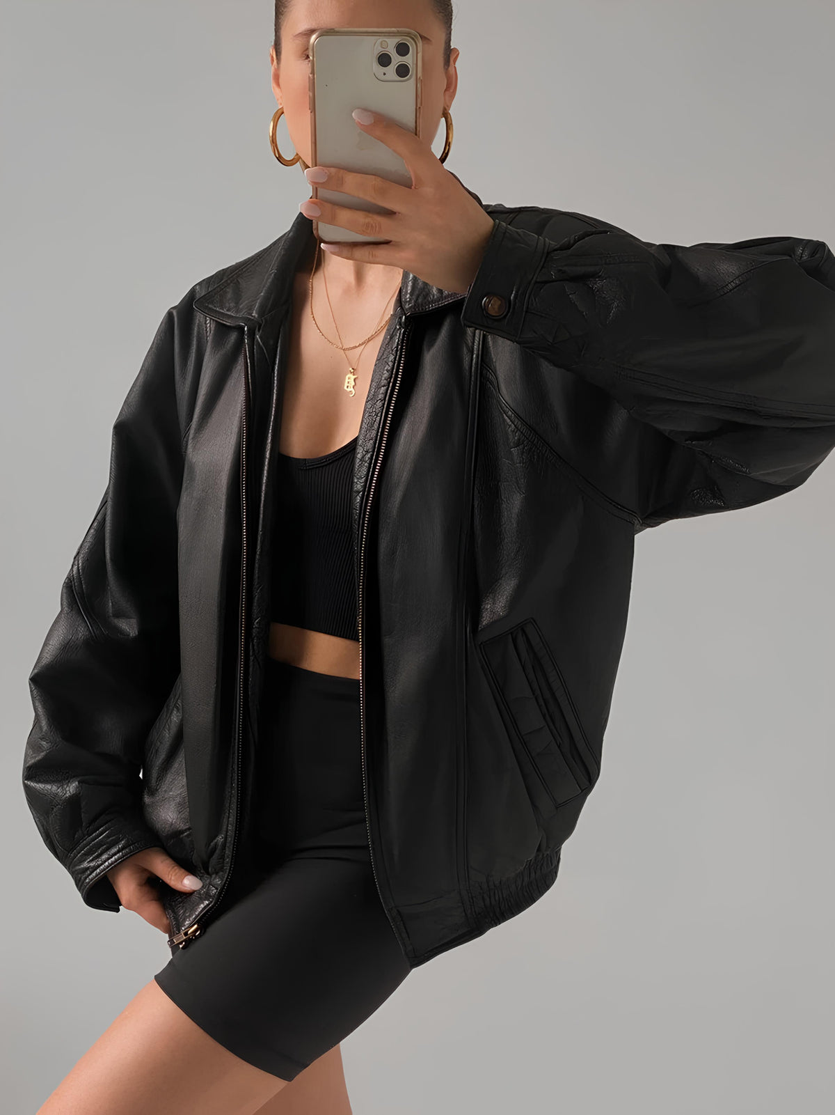 Ladies Classic black Leather Bomber jacket