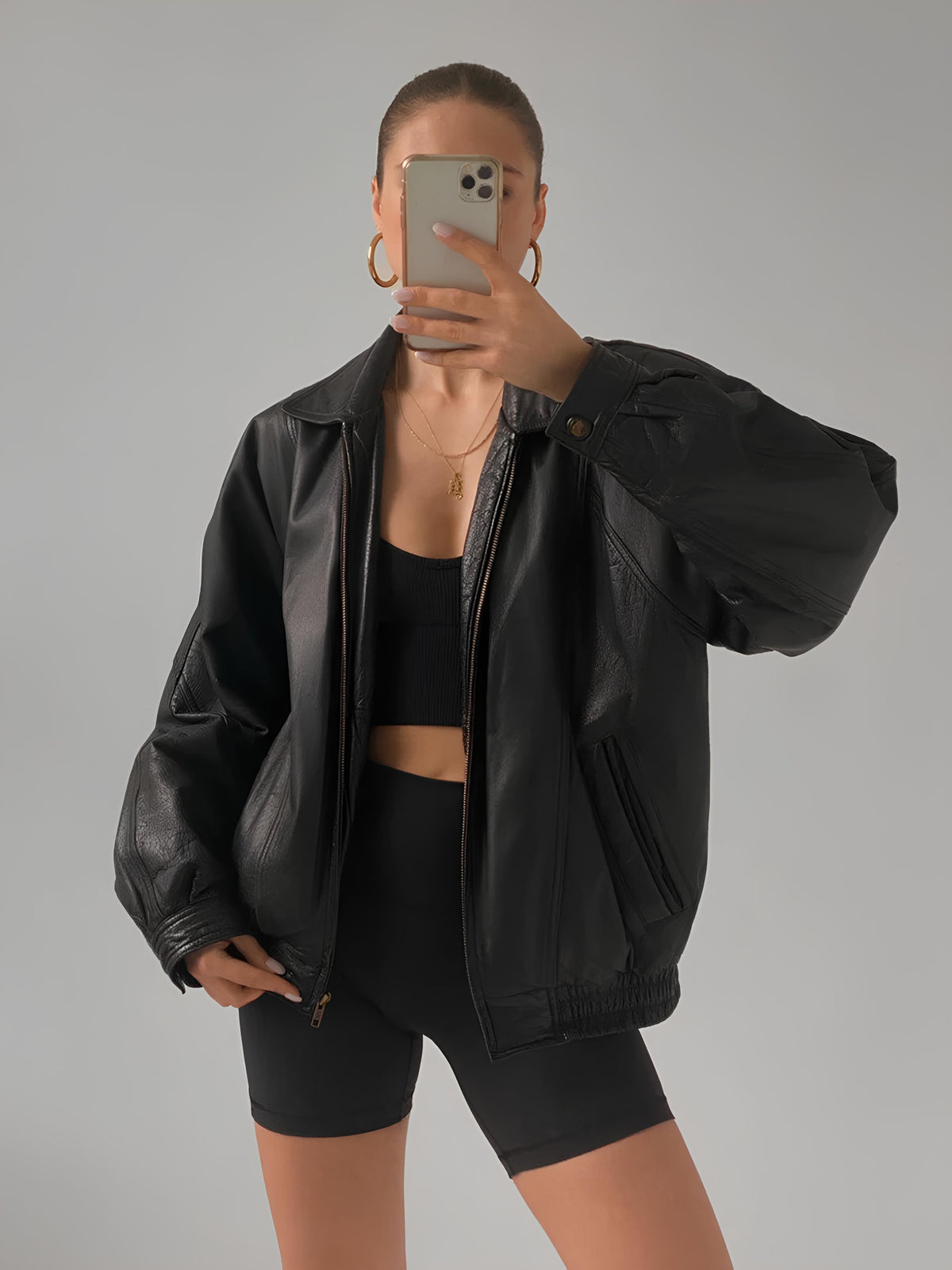 Ladies Classic black Leather Bomber jacket