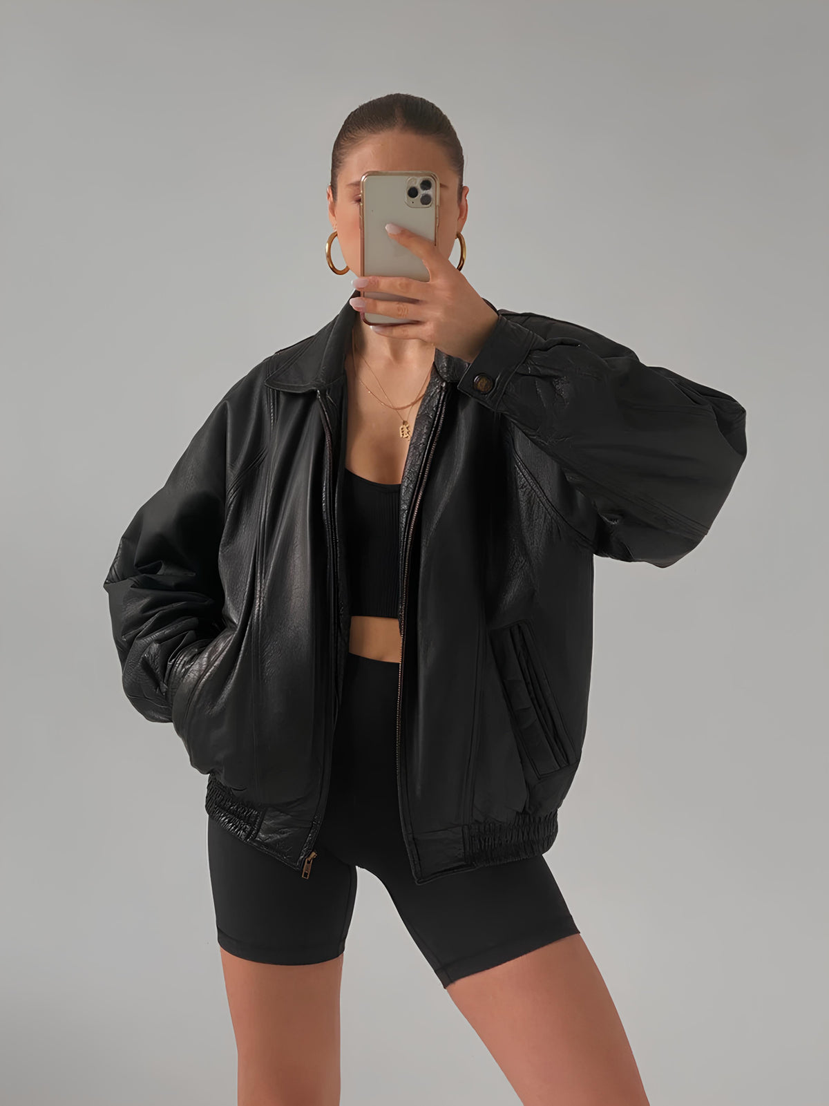 Ladies Classic black Leather Bomber jacket