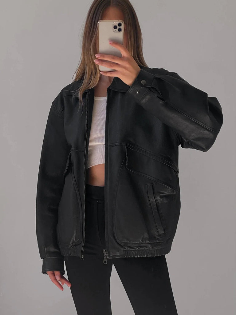 Women Classic Oversized Black leather bomber Jacket - Goletic
