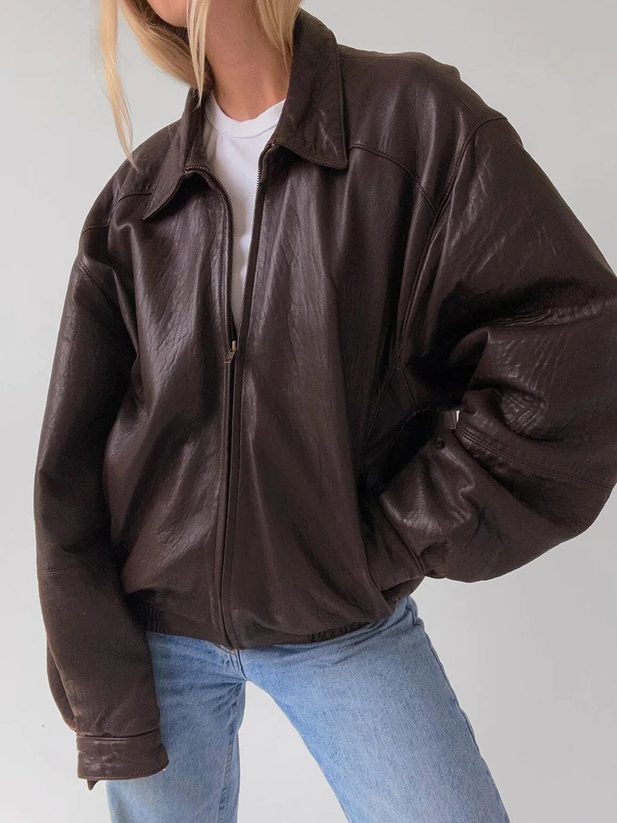 Women Brown Vintage Genuine leather Bomber jacket