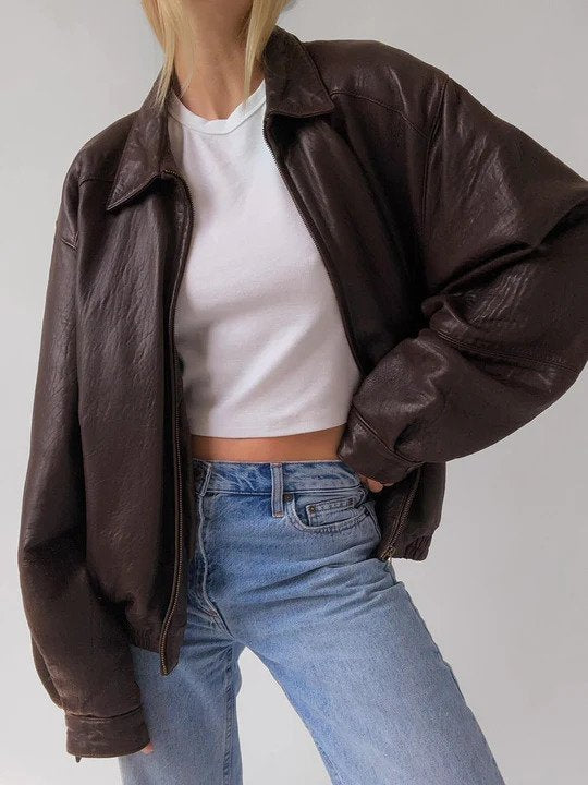 Women Brown Vintage Genuine leather Bomber jacket