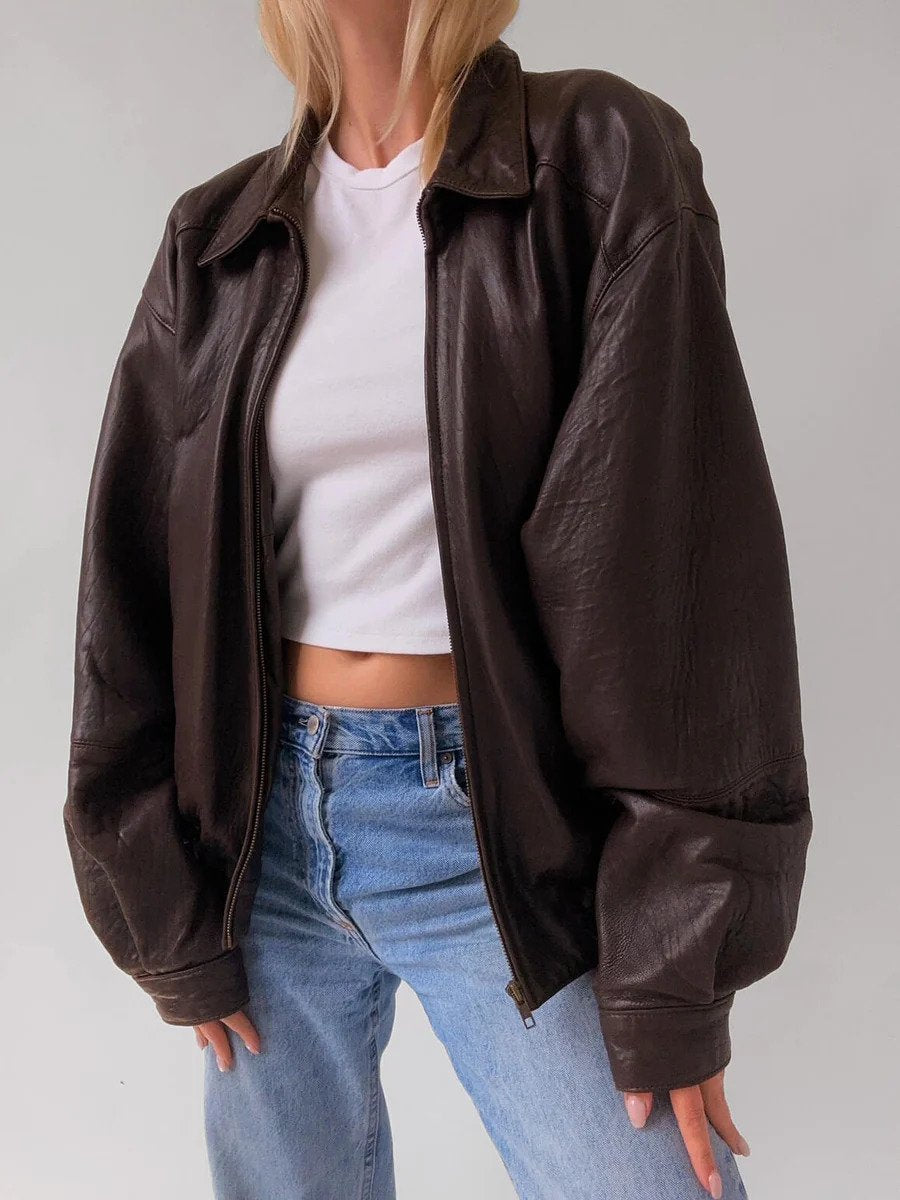 Women Brown Vintage Genuine leather Bomber jacket