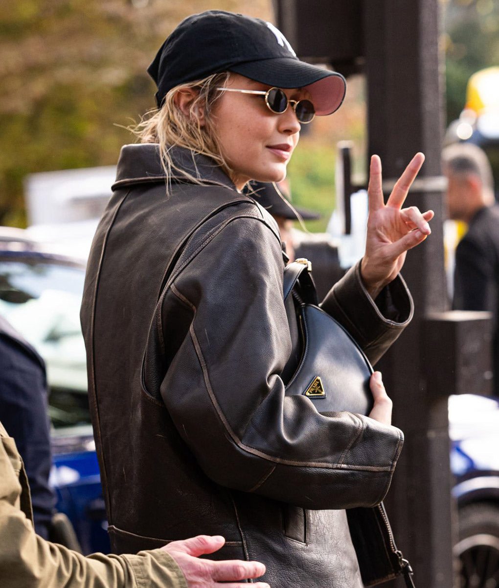 Women Brown Distressed Oversize Leather Bomber jacket