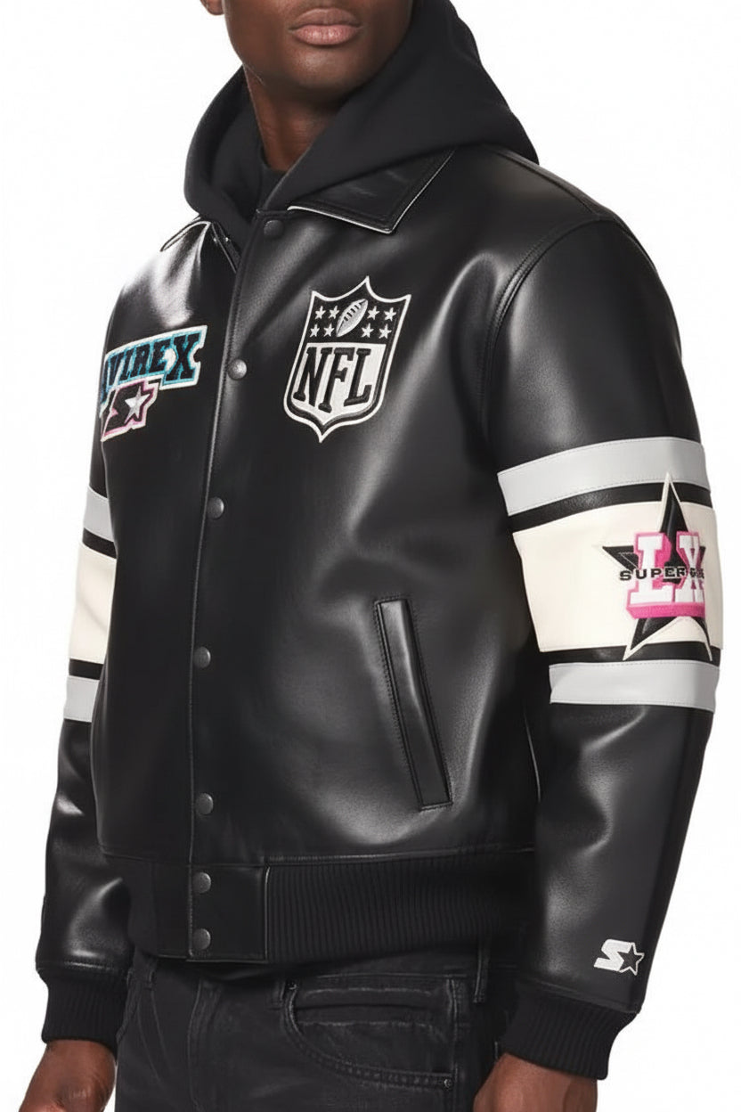 Avirex X Starter Super Bowl LX Black Leather Jacket