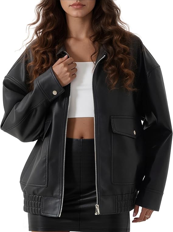 Women’s Casual Brown Leather Jacket with Front Flap Pocket