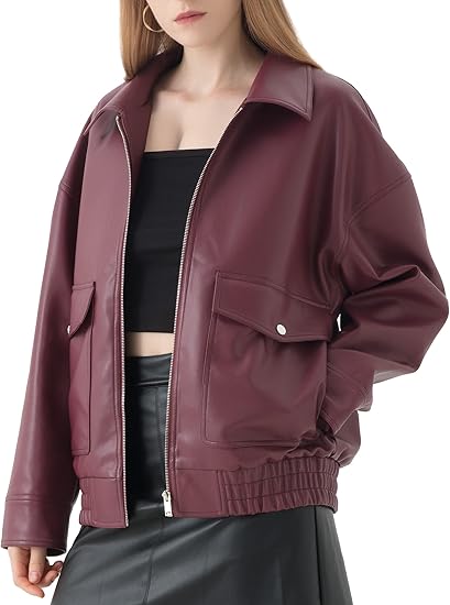 Women’s Casual Brown Leather Jacket with Front Flap Pocket