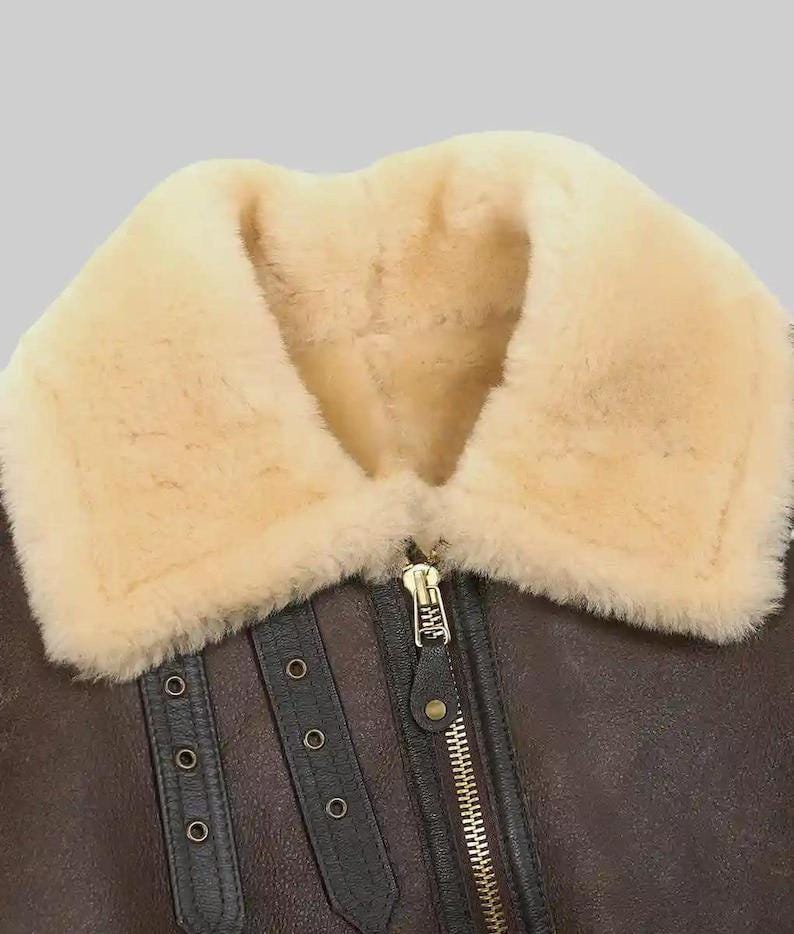 Premium Sheepskin Aviator Bomber Jacket – Full Zip Front, Storm Panel & Brass Buckles