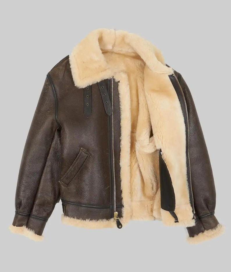Premium Sheepskin Aviator Bomber Jacket – Full Zip Front, Storm Panel & Brass Buckles