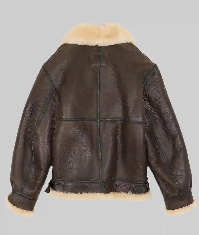 Premium Sheepskin Aviator Bomber Jacket – Full Zip Front, Storm Panel & Brass Buckles
