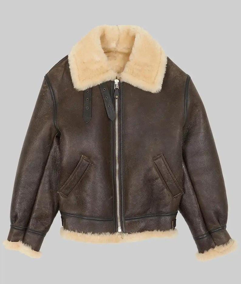 Premium Sheepskin Aviator Bomber Jacket – Full Zip Front, Storm Panel & Brass Buckles
