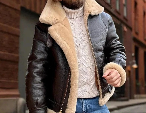 Premium Sheepskin Aviator Bomber Jacket – Full Zip Front, Storm Panel & Brass Buckles