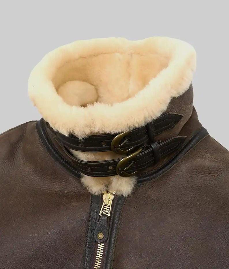 Premium Sheepskin Aviator Bomber Jacket – Full Zip Front, Storm Panel & Brass Buckles
