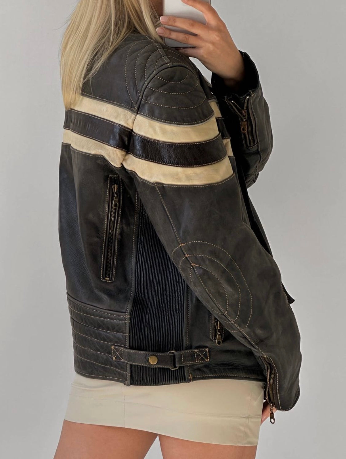 Women Classic Leather Black Biker leather Jacket, half white Stripped on chest and sleeves, Regular fitted vintage biker jacket