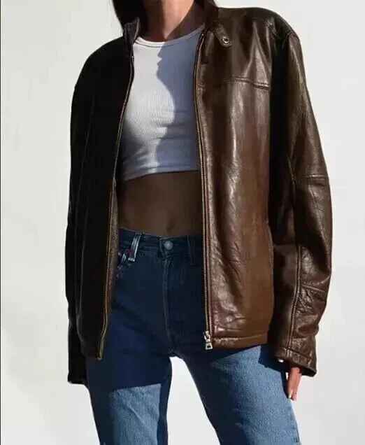 Women’s Classic Vintage Style Brown Leather Bomber Jacket