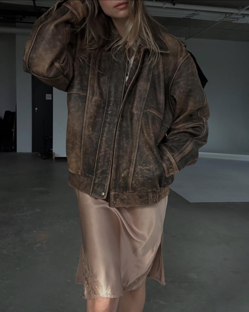 Women’s Classic Vintage Style Brown Leather Bomber Jacket