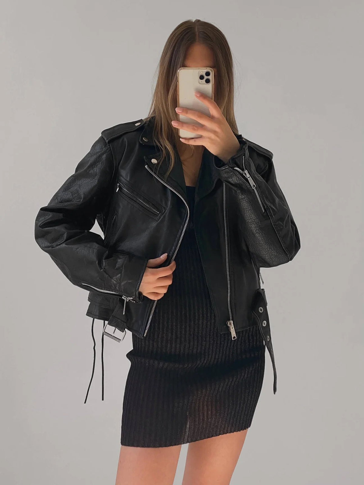 Women Classic Black Leather Biker jacket