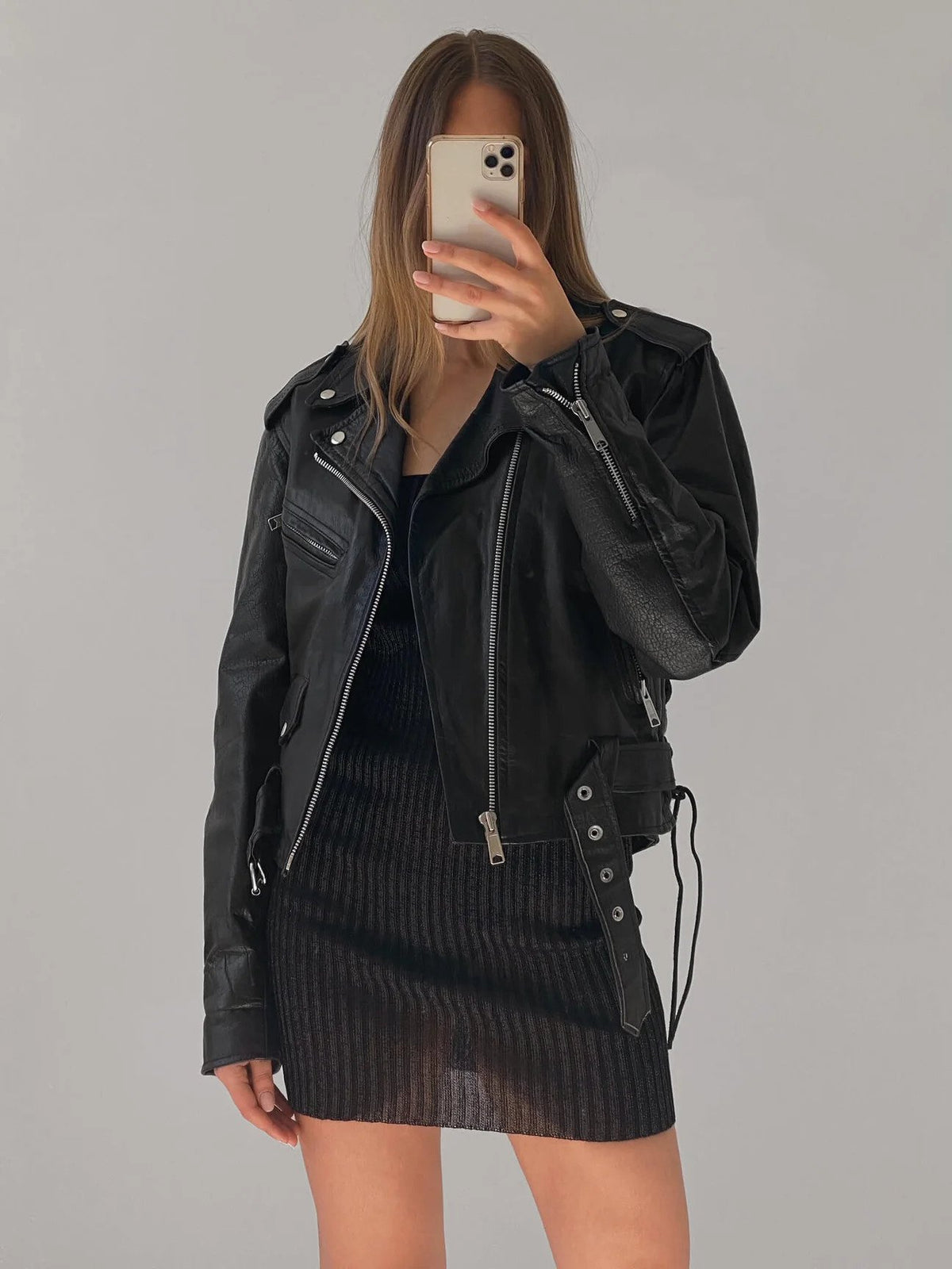 Women Classic Black Leather Biker jacket