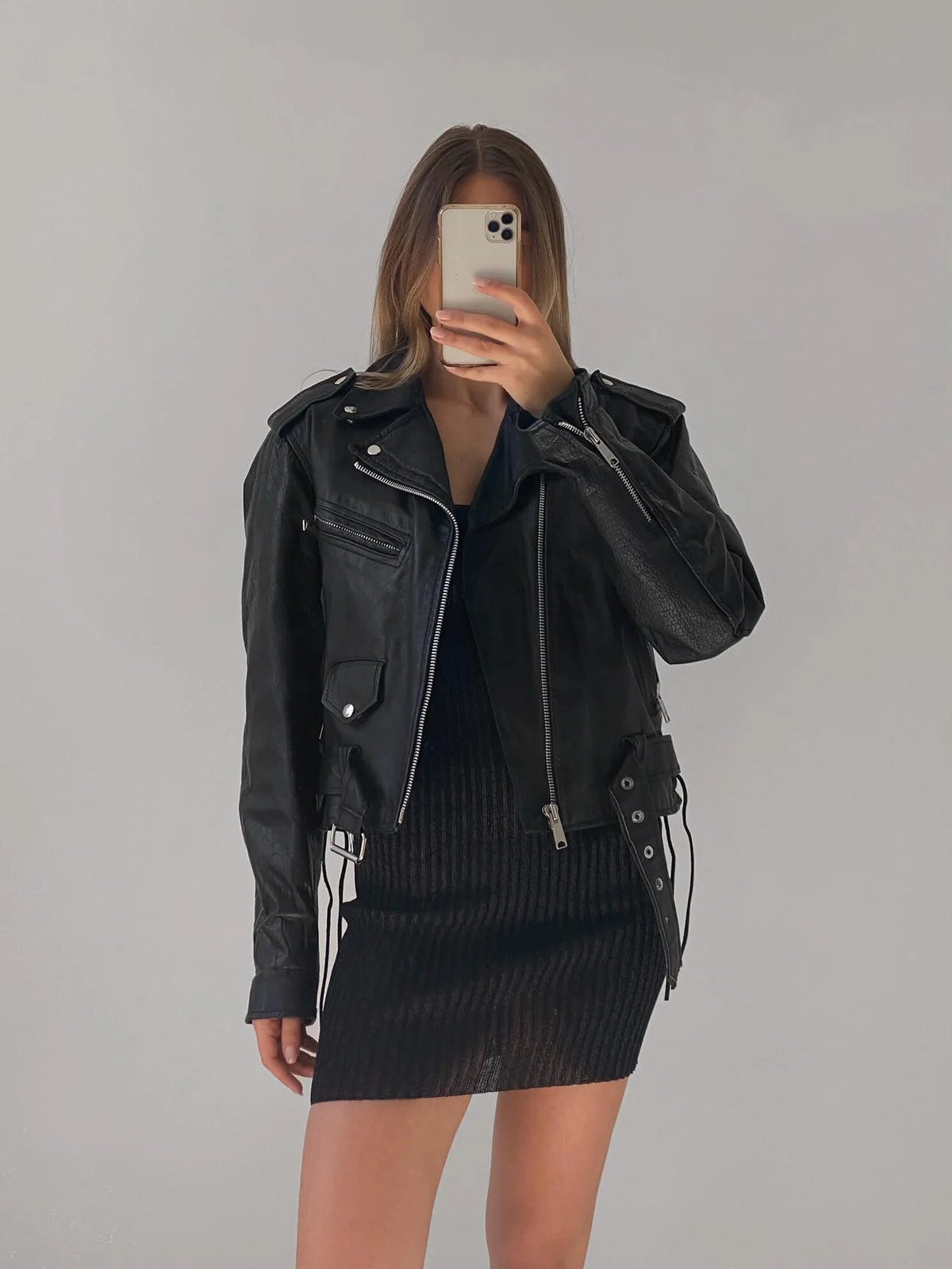 Women Classic Black Leather Biker jacket