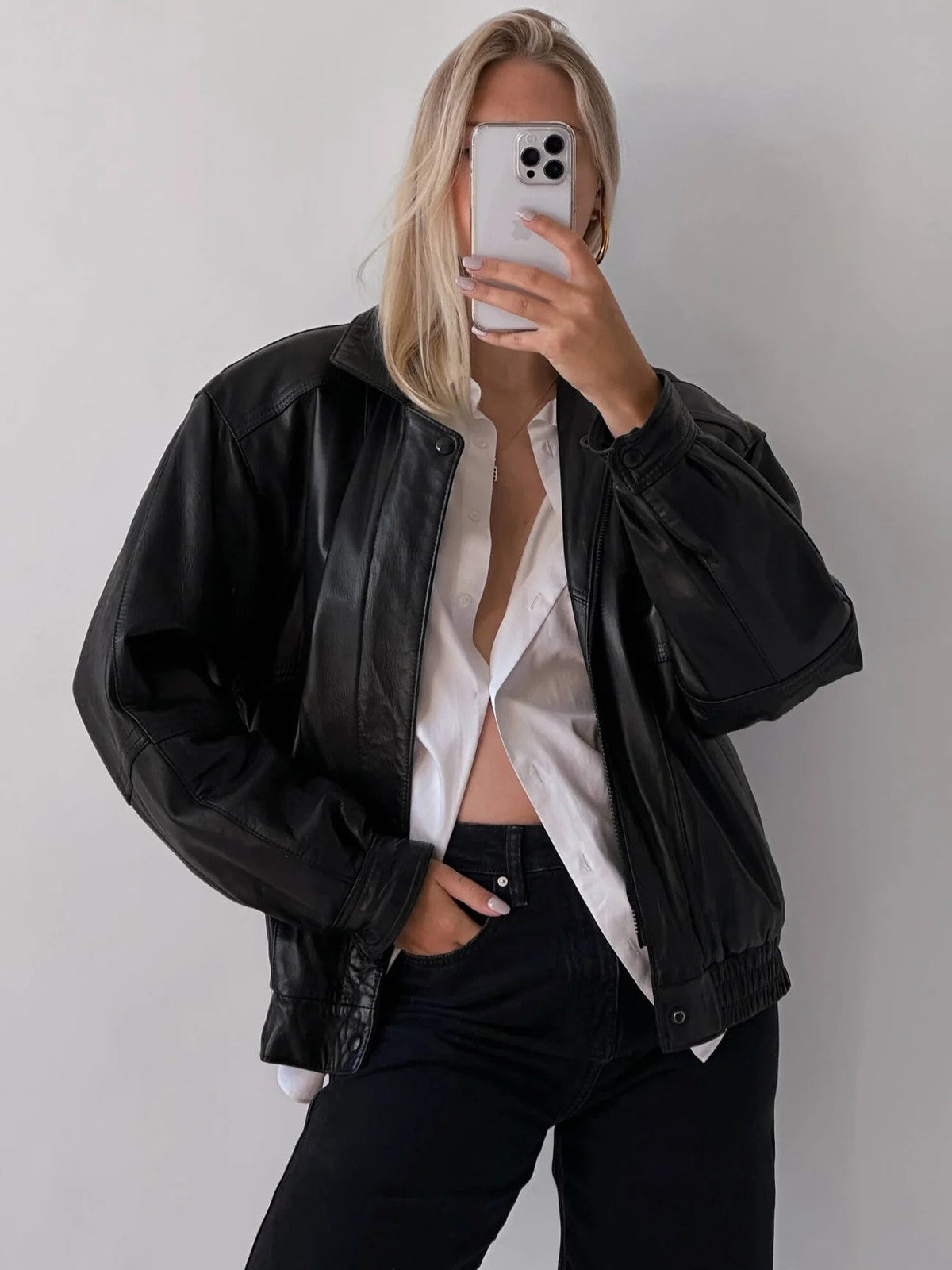 Ladies Classic Black Oversize Leather Bomber jacket