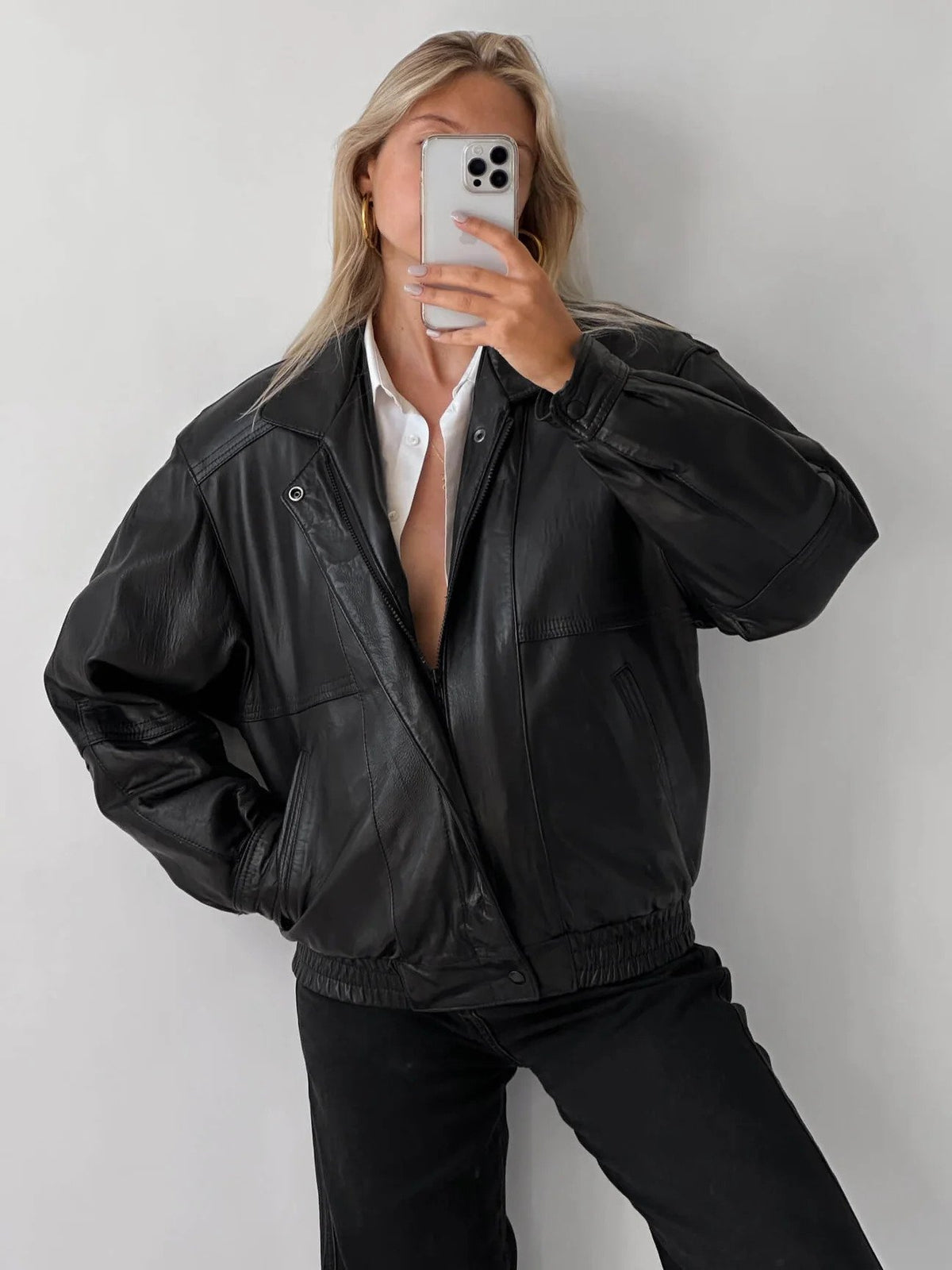 Ladies Classic Black Oversize Leather Bomber jacket