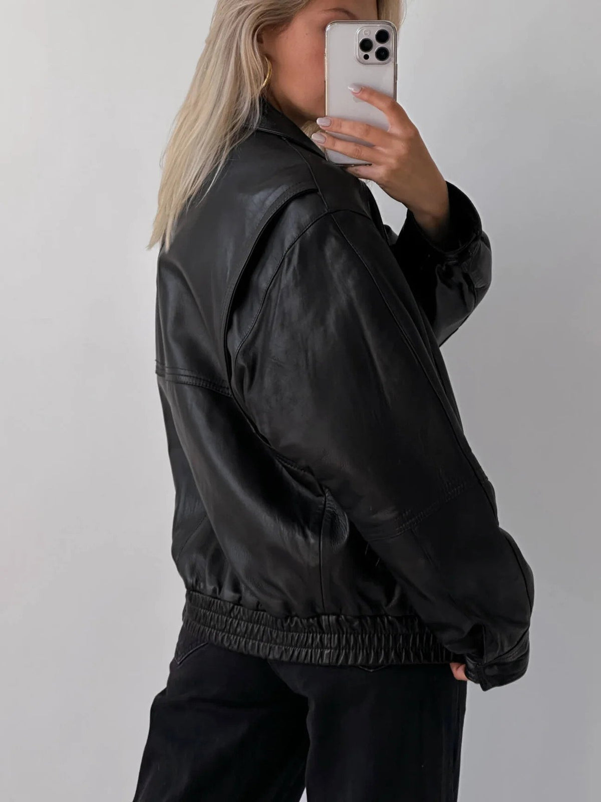 Ladies Classic Black Oversize Leather Bomber jacket