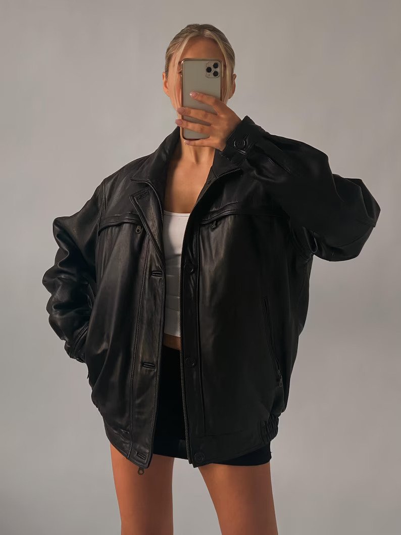 Women Genuine Black Oversize Leather Bomber jacket