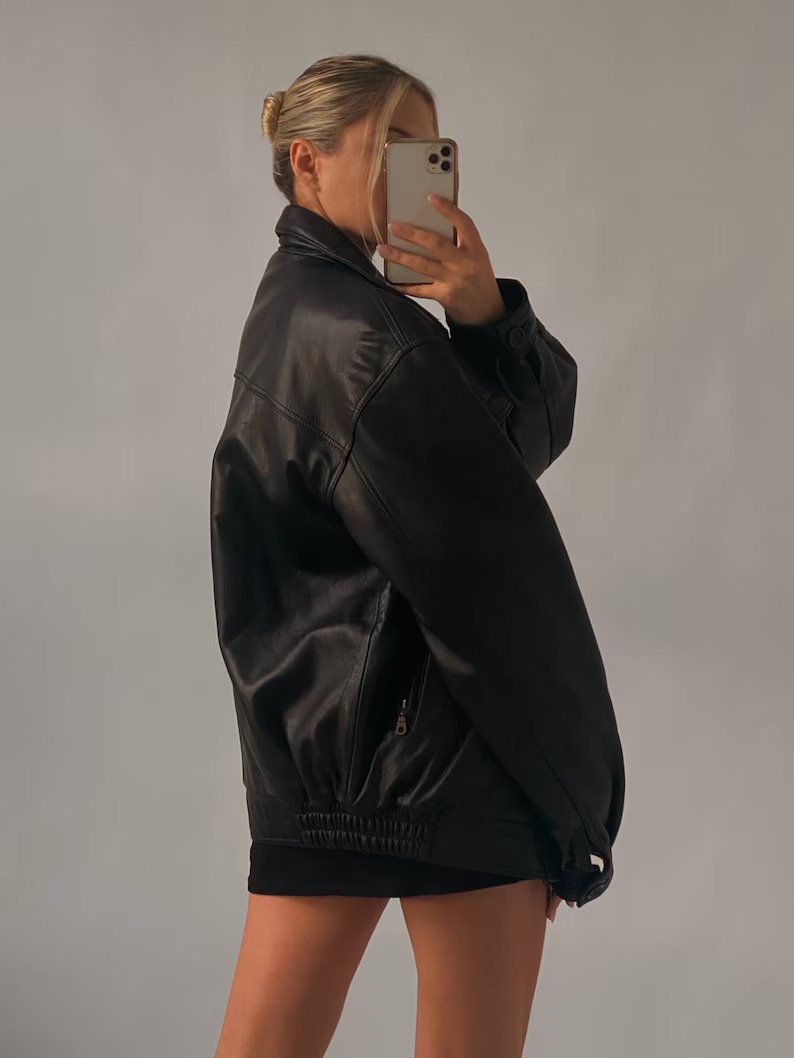 Women Genuine Black Oversize Leather Bomber jacket