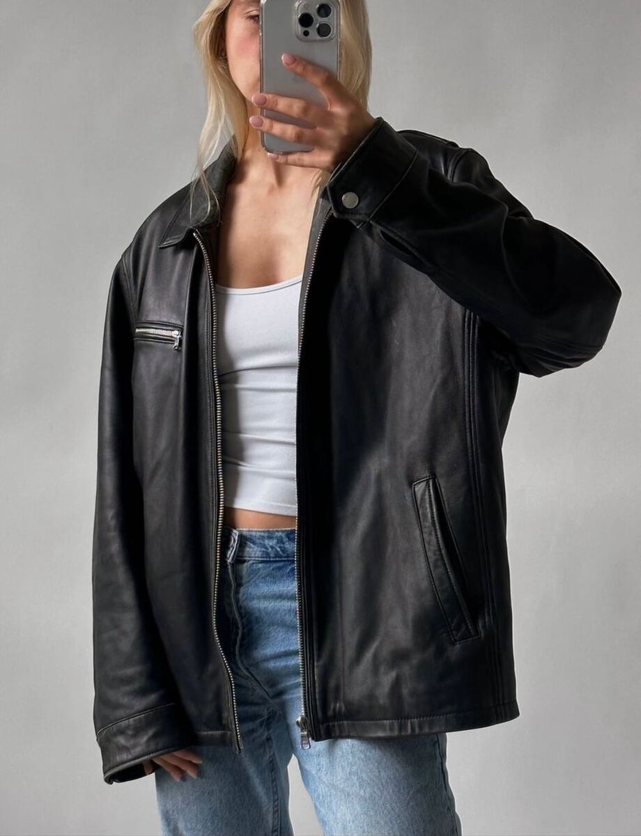 Women Classic black oversize moto leather jacket , Perfect Street wear Leather Jacket