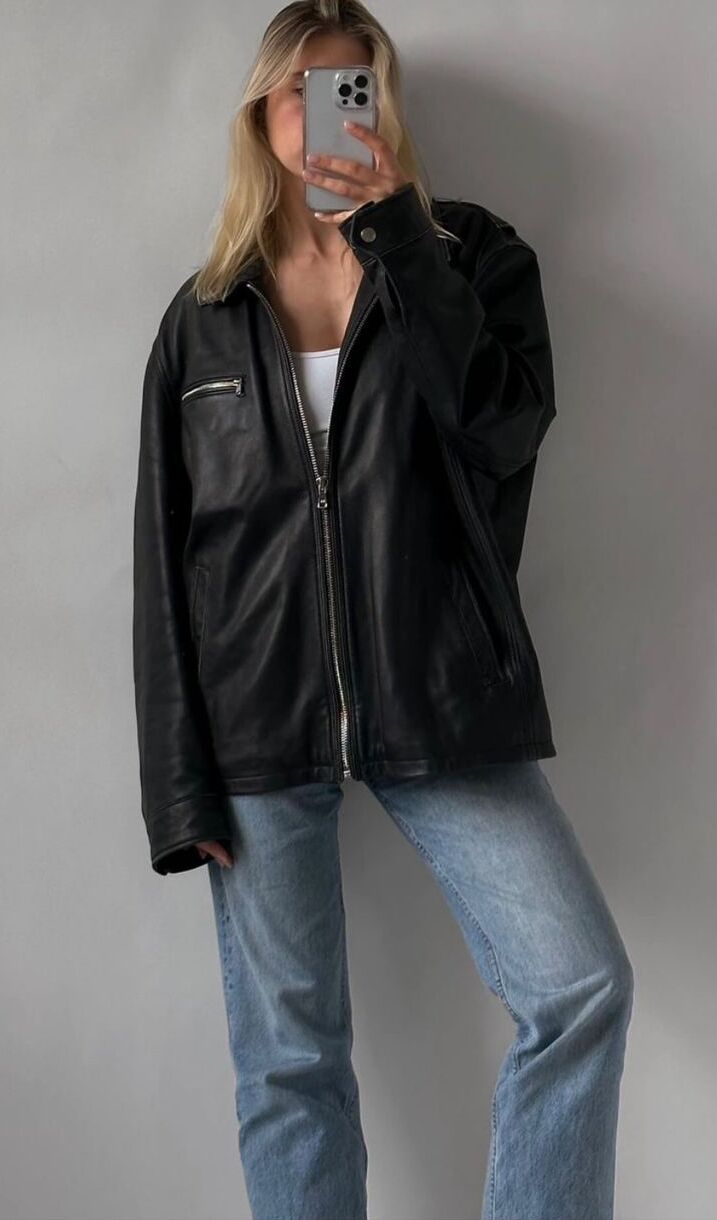 Women Classic black oversize moto leather jacket , Perfect Street wear Leather Jacket