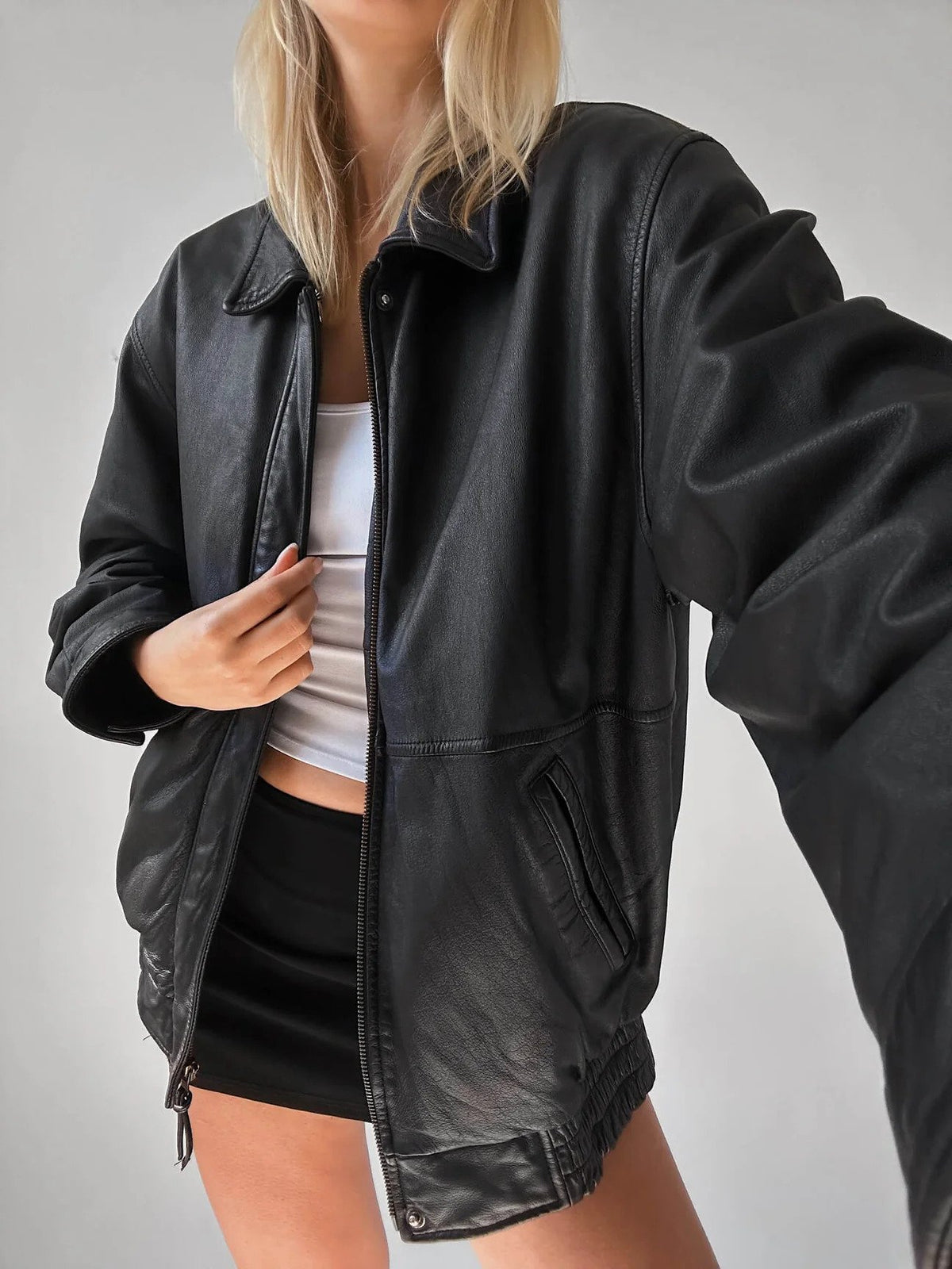 Classic Black Oversize Leather Bomber jacket, Straight Fit Pattern Front YKK Zipper , Perfect Street wear Leather Jacket