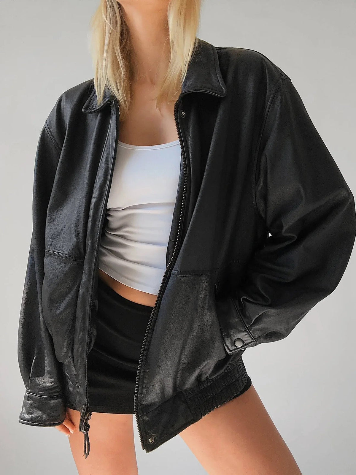 Classic Black Oversize Leather Bomber jacket, Straight Fit Pattern Front YKK Zipper , Perfect Street wear Leather Jacket