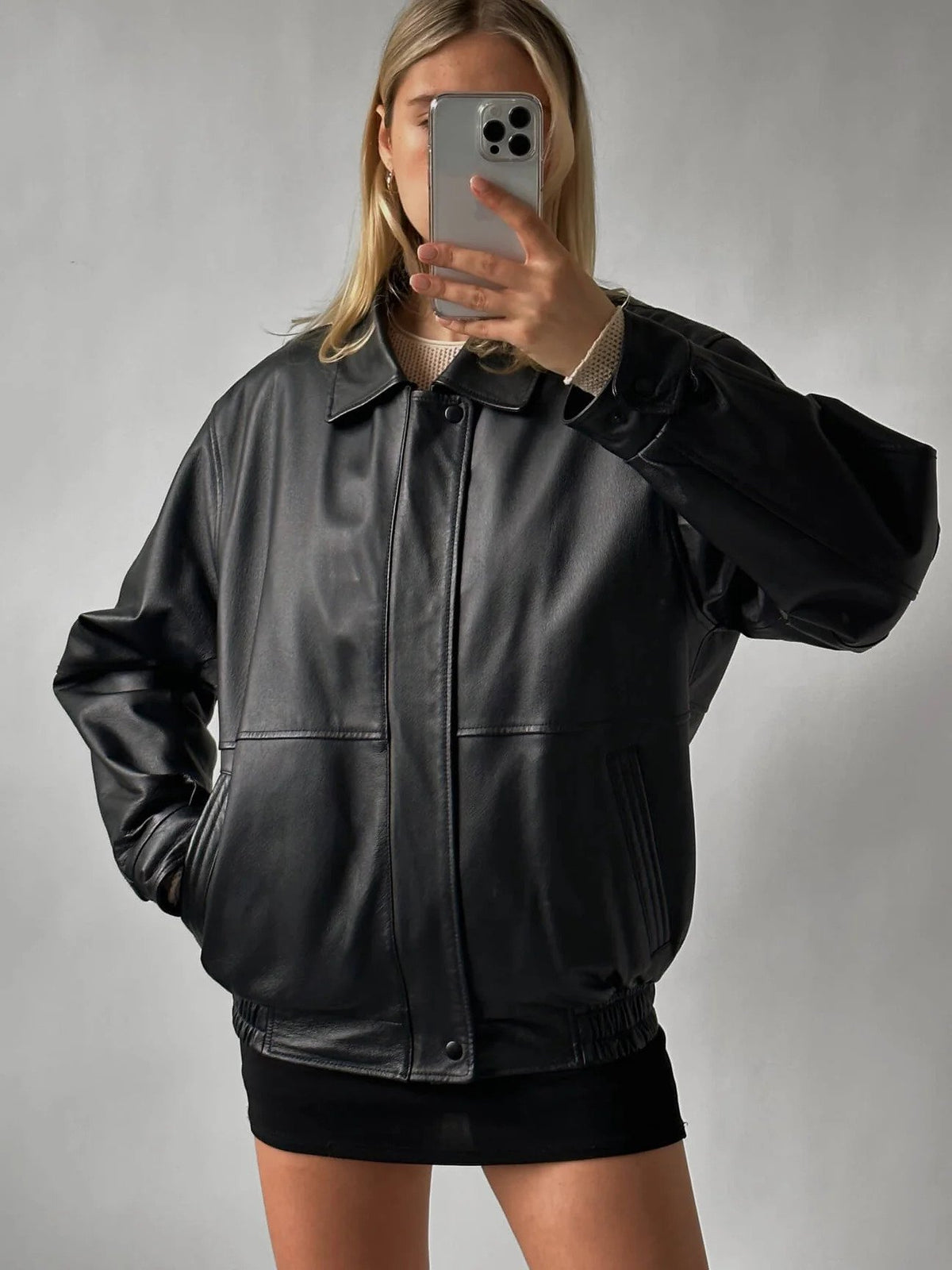 Women Black Oversize Leather Biker Bomber jacket