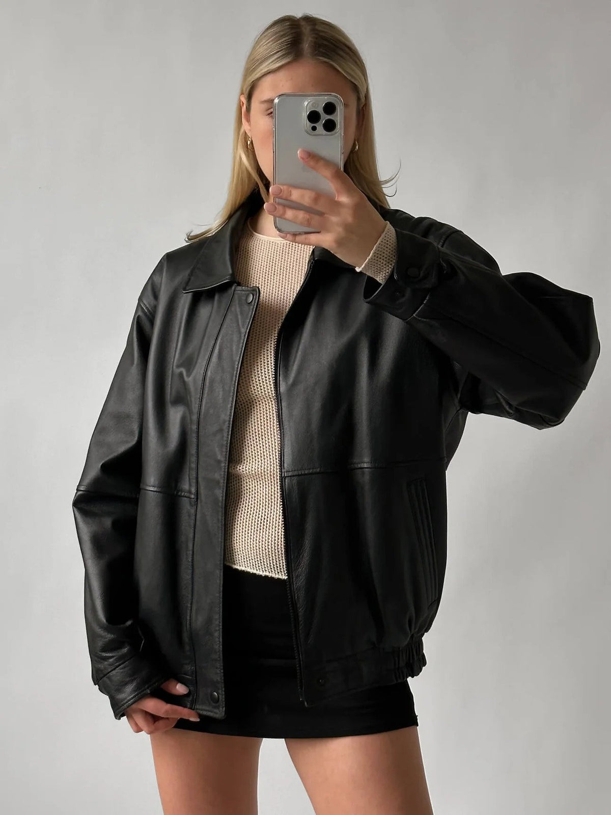 Women Black Oversize Leather Biker Bomber jacket