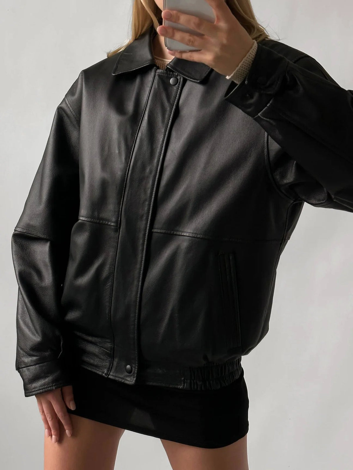 Women Black Oversize Leather Biker Bomber jacket