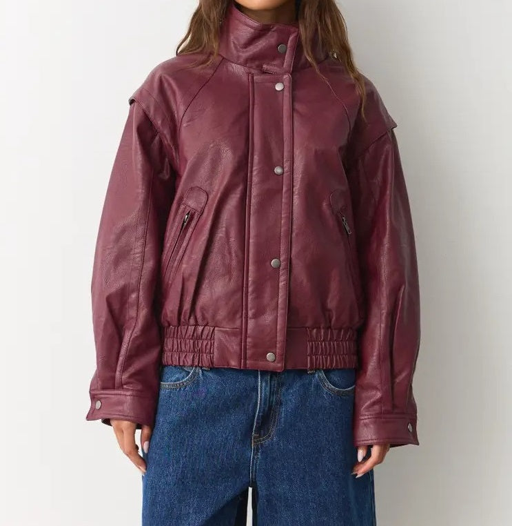 Women’s Funnel Neck Button Up  Leather Bomber with Functional Pockets | Oversized Fit | Trendy Winter Coat | Christmas Gift for Her