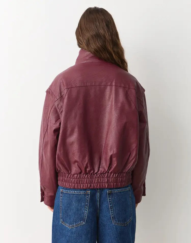 Women’s Funnel Neck Button Up  Leather Bomber with Functional Pockets | Oversized Fit | Trendy Winter Coat | Christmas Gift for Her