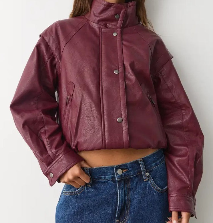 Women’s Funnel Neck Button Up  Leather Bomber with Functional Pockets | Oversized Fit | Trendy Winter Coat | Christmas Gift for Her
