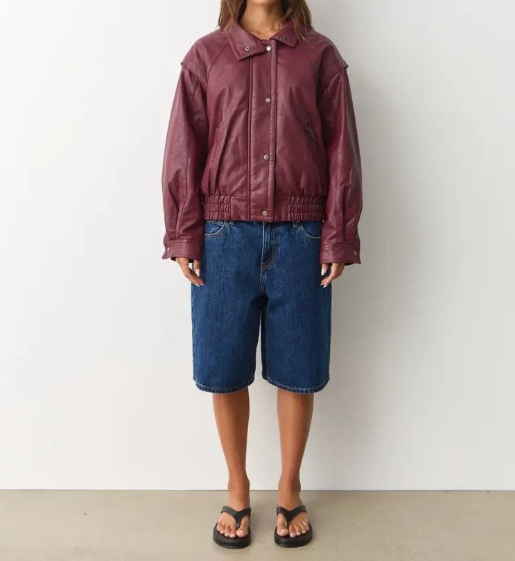 Women’s Funnel Neck Button Up  Leather Bomber with Functional Pockets | Oversized Fit | Trendy Winter Coat | Christmas Gift for Her