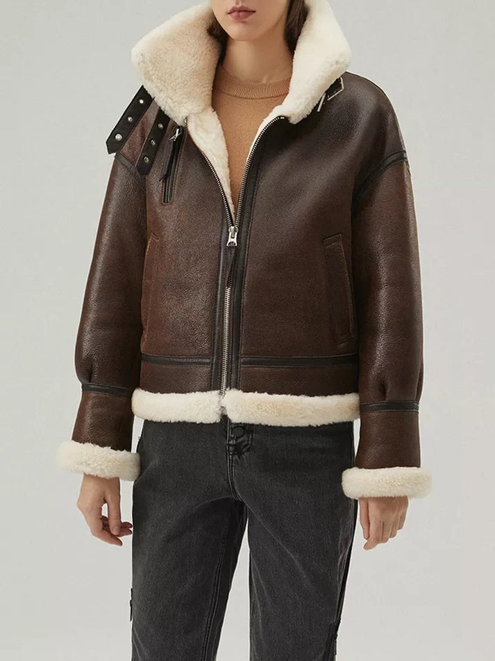 Brown Shearling Hooded Leather Jacket with Fur | Warm Winter Coat | Cozy Shearling Lining | Luxury Outerwear