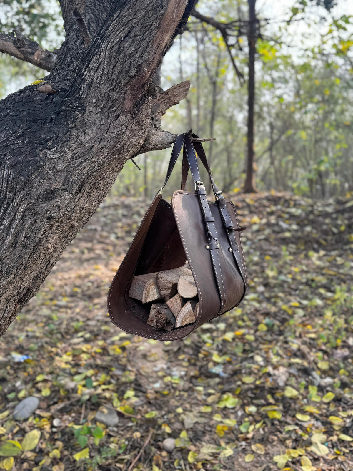 Personalized Leather Firewood log carrier bag | Log Holder | indoor &amp; Outdoor Log Carrier for winters |wood burner décor | waxed log carrier