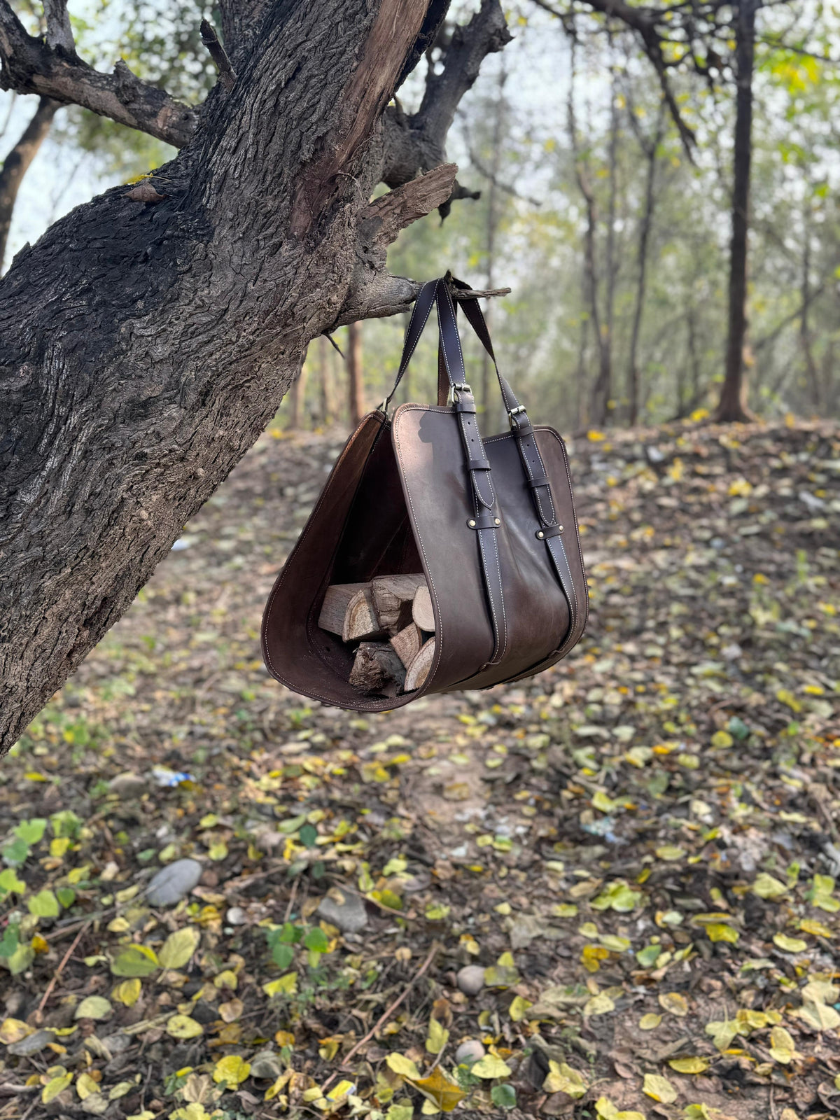 Personalized Leather Firewood log carrier bag | Log Holder | indoor &amp; Outdoor Log Carrier for winters |wood burner décor | waxed log carrier