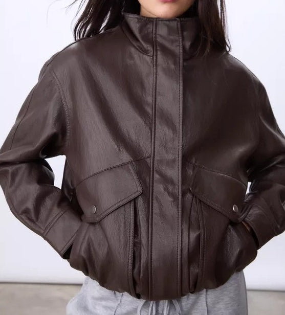 Brown Oversized high neck Leather Jacket with Snap Pocket & Buttoned Cuffs