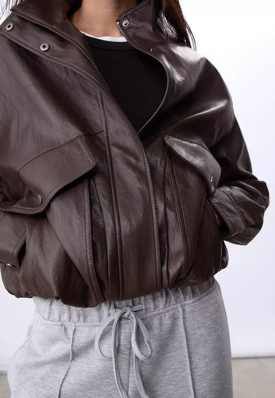 Brown Oversized high neck Leather Jacket with Snap Pocket & Buttoned Cuffs