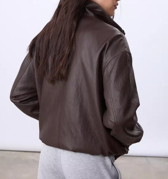 Brown Oversized high neck Leather Jacket with Snap Pocket & Buttoned Cuffs