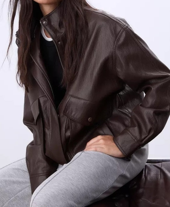 Brown Oversized high neck Leather Jacket with Snap Pocket & Buttoned Cuffs