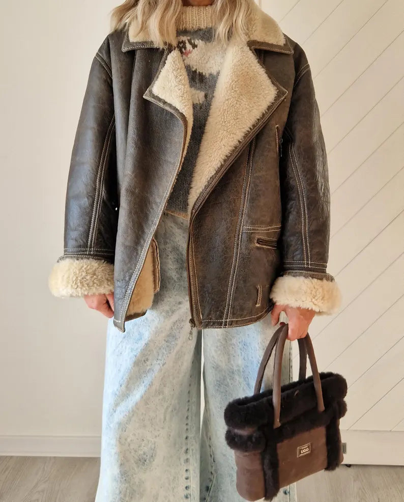 Oversized Distressed Sheepskin Coat | Classic Brown Shearling Aviator Jacket
