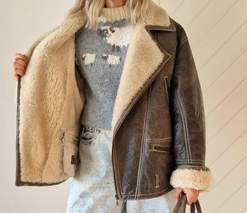 Oversized Distressed Sheepskin Coat | Classic Brown Shearling Aviator Jacket